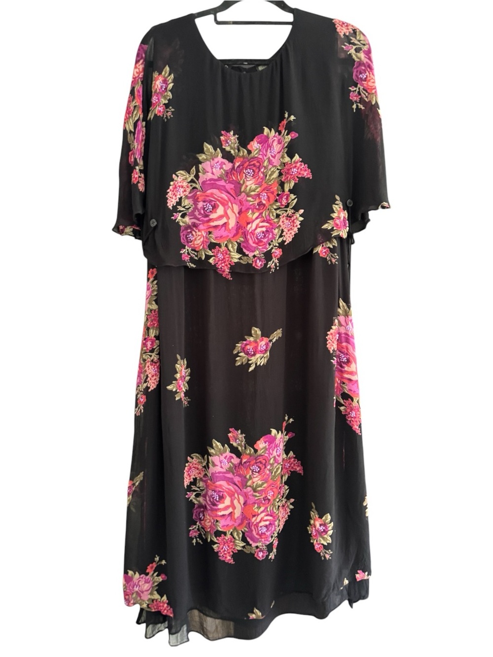 Vtg 90s Lola P. Black Rose Floral Chiffon Overlay Whimsygoth Maxi Dress Size 1X